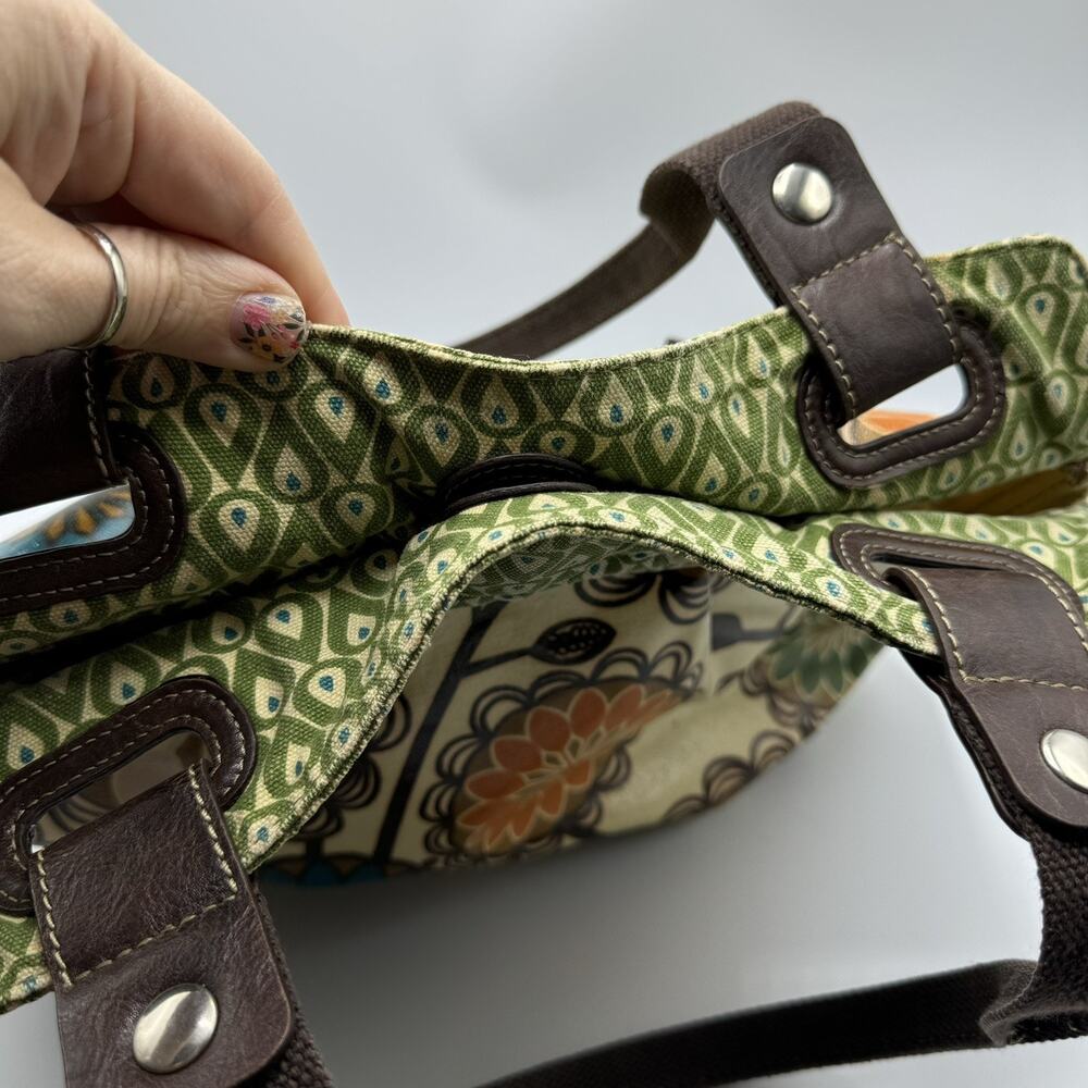 FOSSIL Key Per Coated Canvas Leather Tote Shoulder Bag Purse Flowers Green Brown - Picture 3 of 11